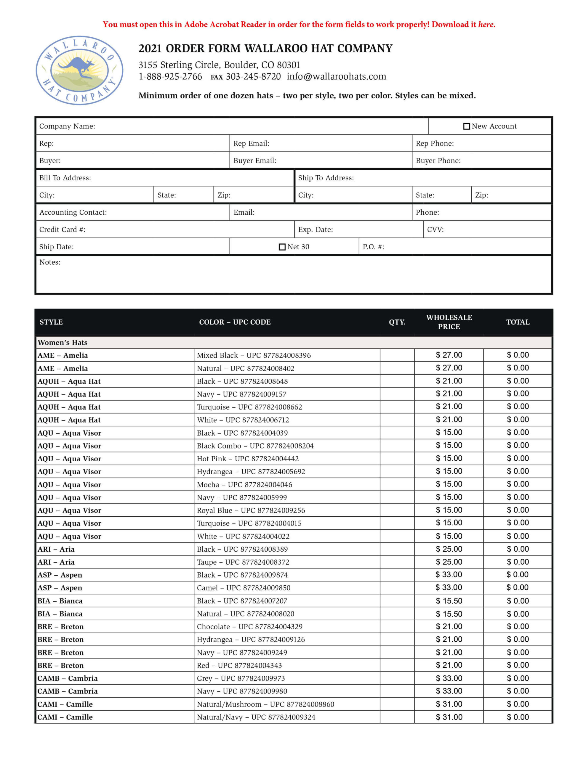 Print Order Forms Wallaroo Wholesale
